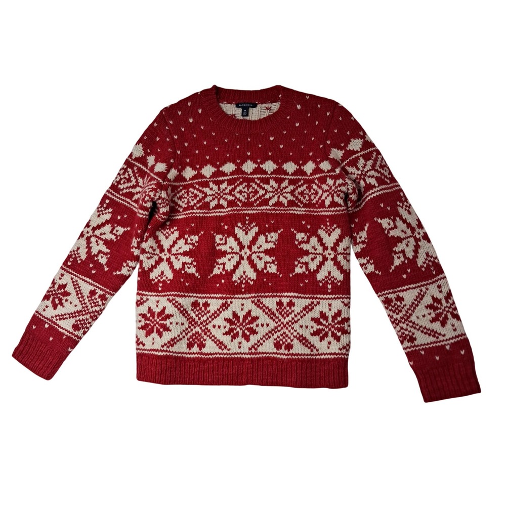 Lands' End Sweater Women's Medium Red Fair Isle Snowflake Wool Blend Chunky Knit